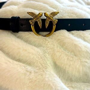Pinko black leather belt with gold birds, size Medium ( 89 cm), preowned